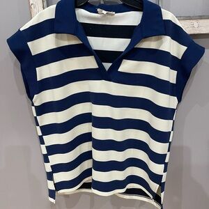 Navy and Cream Striped Collared Knit Top